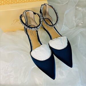 Elegant Navy Women's Shoes with Crystal Ankle Strap